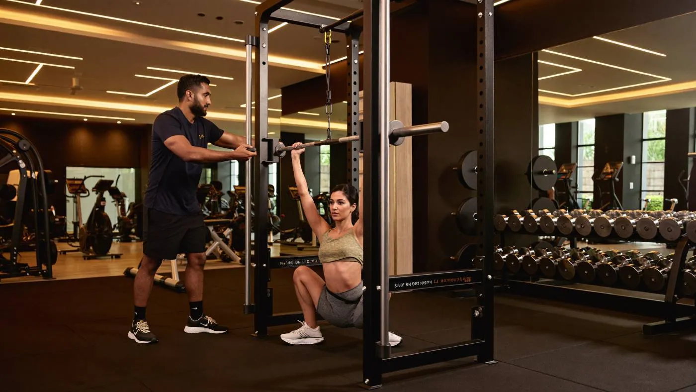 Trainer coaching a client in a gym